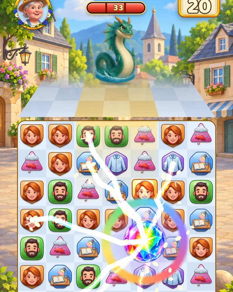 The Sea Serpent over the board as a Prism Bloom and a Sunburst go off