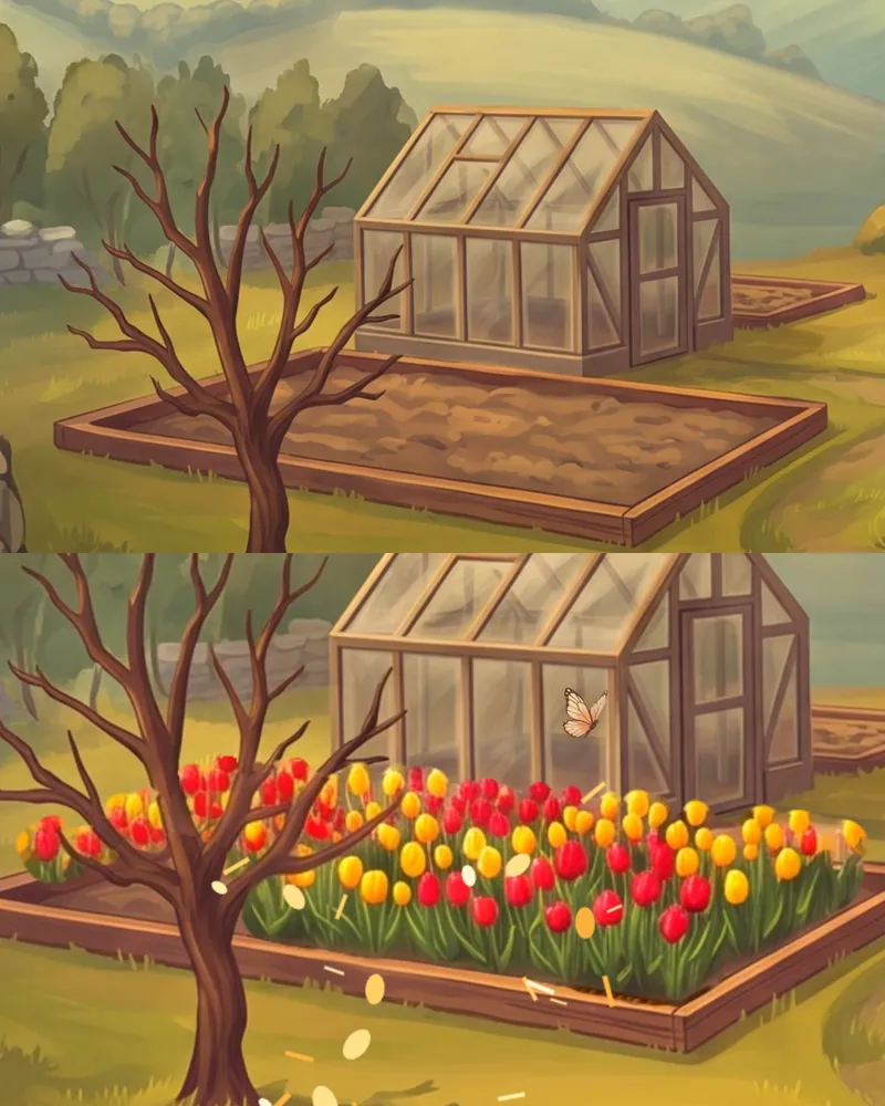 A bare flower bed, then the same bed in bloom