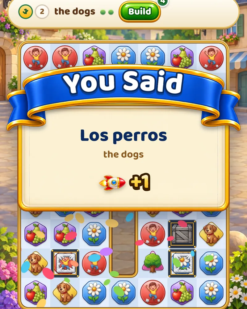 Building the sentence “Los perros”, the dogs, which wins a Vine power-up